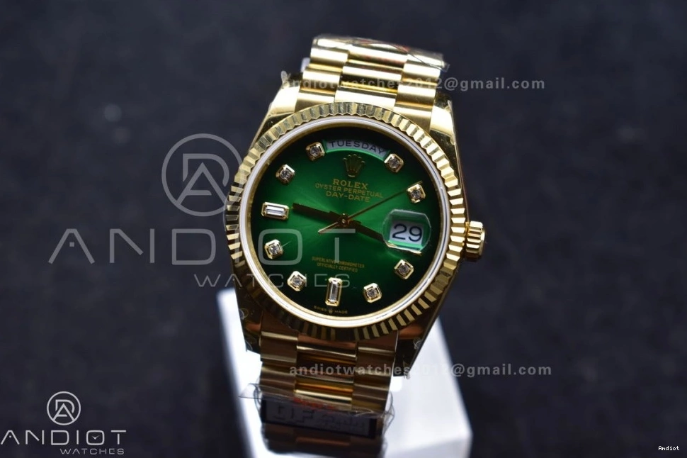 Faded with Square V5 DayDate 904L Diamond vr3255 Steel on YG 692 President Bracelet Reliable Best Edition Green 36 Dial (Gain Weight) QF 0718